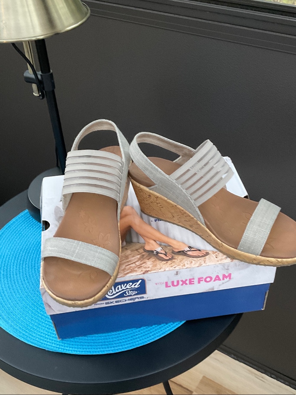 Skechers Women's Light Gray Elastic-Strap Cork Wedge Sandals